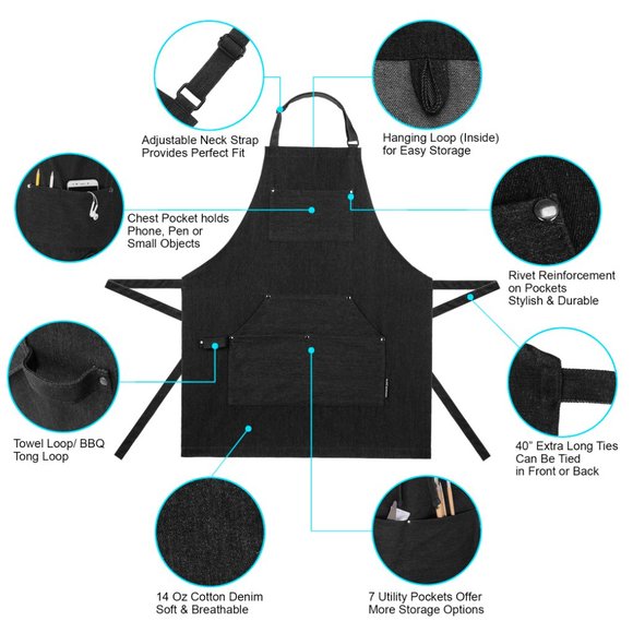 😍NWOT 1 PC UNISEX PREMIUM DENIM APRON BLACK ALL PURPOSE KITCHEN BBQ WORK PAINT - Picture 2 of 9